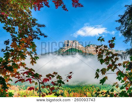 Misty Morning On Altaussee Village.misty Autumn Scene In The Morning. Mirror Reflection. Location: R