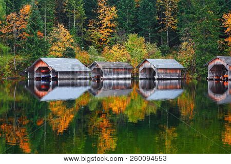 Misty Morning On Altaussee Village.misty Autumn Scene In The Morning. Mirror Reflection. Location: R