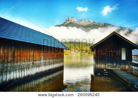 Misty And Sunny Morning On Altaussee Village. Sunny Autumn Scene In The Morning. Location: Resort Vi