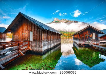 Misty Morning On The Lake Altausseer See. Foggy Autumn Scene In The Morning. Location: Resort Altaus