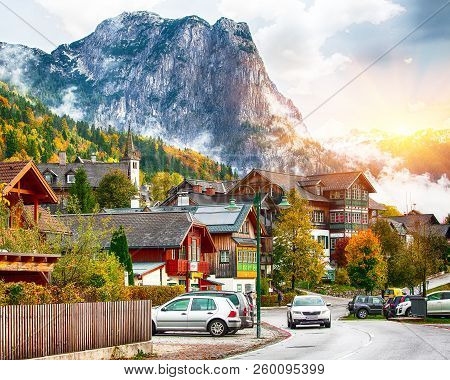 Beautiful Houses In Brauhof Village.  Charming Morning On The Lake Grundlsee Location: Resort Grundl