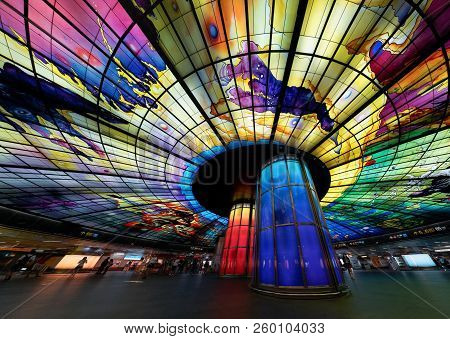 Kaohsiung City, Taiwan - July 21, 2018: Vibrant Colors Of The Dome Of Light At Mrt Formosa Boulevard