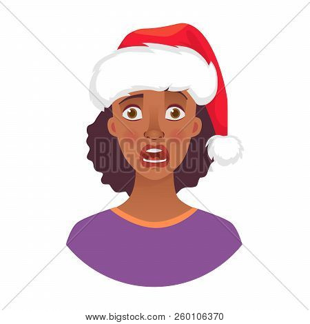 Christmas Woman In Santa Claus Hat. Emotions Of African American Woman Face. Facial Expression. Afri