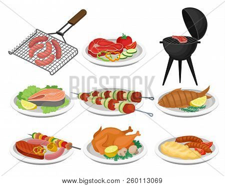 Grilled Food Set, Delicious Dishes For Barbecue Party Menu, Meat Food Vector Illustration On A White