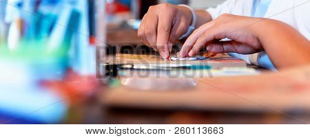 Children Learn Coloring And Painting In Classroom. Education And Creative Art For Kid.