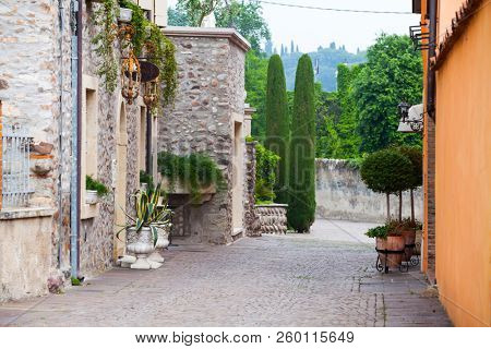 Borghetto, Verona, Italy - May 16, 2018: Street of medieval village of Borghetto, Italy