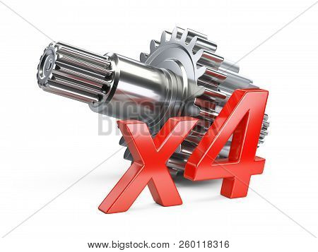 Gear Wheels On The Shaft With The Inscription X4. 3d Illustration Isolated On White Background.