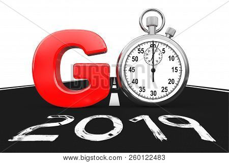 New 2019 Year Concept. Stopwatch As Go Sign Over 2019 New Year Road On A White Background. 3d Render