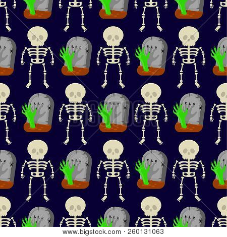Seamless Patttern With Skeletons And Tombstones On Dark Background.
