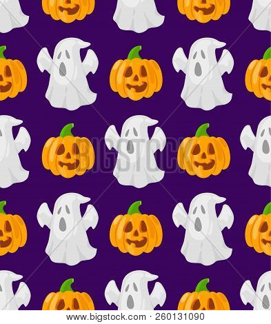 Seamless Patttern With Cartoon Pumpkins And Ghosts On Violet Background.