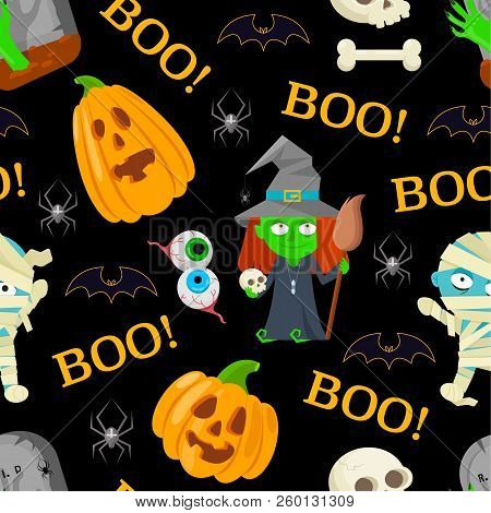 Seamless Patttern Of Cartoon Charachters For Halloween On Black Background.