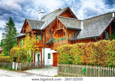 Picturesque Autumn Scene Of Altausseer Village.  Morning View Of Altaussee Village Houses. Location: