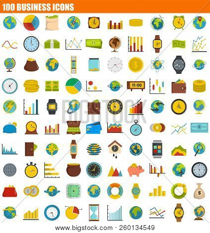 100 Business Icon Set. Flat Set Of 100 Business Icons For Web Design