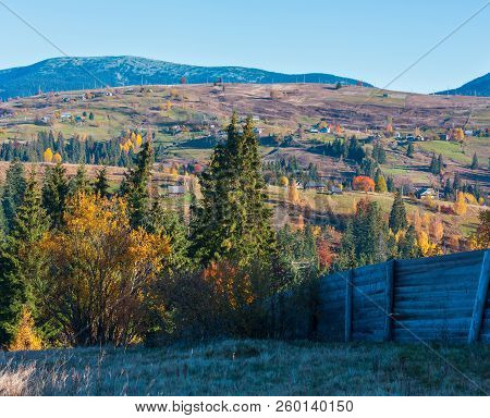 Morning Carpathian Mountains And Village Hamlets On Slopes (yablunytsia Village And Pass, Ivano-fran