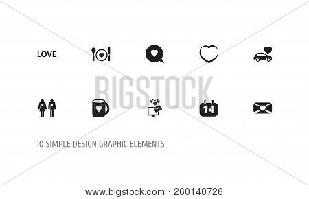 Set Of 10 Editable Love Icons. Includes Symbols Such As Plate, Text, Coffee Cup And More. Can Be Use