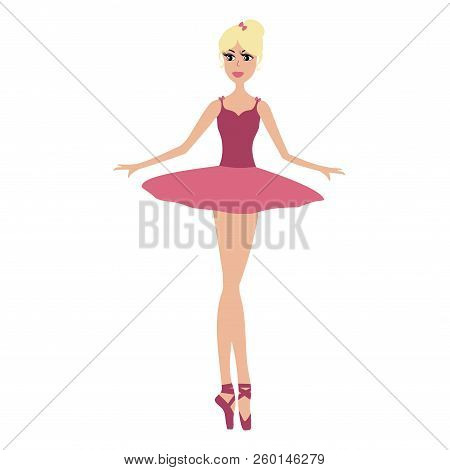 Cartoon Pretty Ballerina In Pink Dress Vector Illustration.