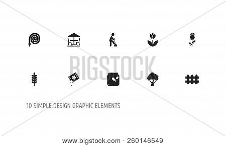 Set Of 10 Editable Gardening Icons. Includes Symbols Such As Digger Human, Barley, Rose And More. Ca