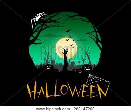Invitation To The Holiday Halloween. Pumpkin In The Dark Forest. Cemetery In A Dark Forest. The Full