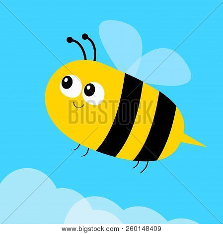 Flying Bee Icon. Big Eyes. Cute Cartoon Funny Baby Caharacter. Flat Design. Blue Sky Background. Whi