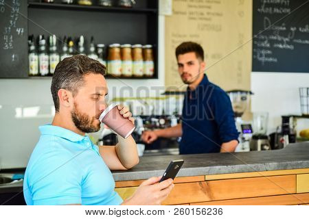Have Sip Of Energy. Man Client With Beard Enjoy Coffee In Paper Cup. Drinks To Go Useful Option In M