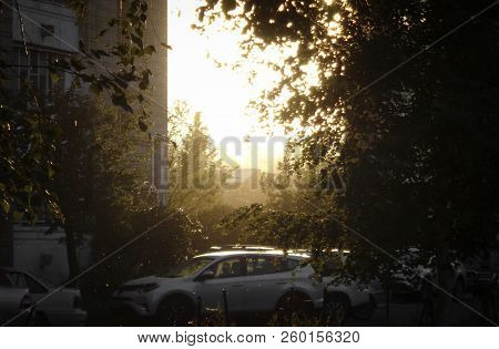 Beautiful Sunset. Ust-kamenogorsk (kazakhstan). Residential Area Strelka. Evening. Cars. Apartment B