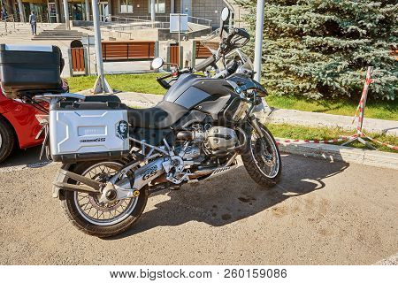 Krasnoyarsk, Russia - September 22, 2018: Exhibition Motor Expo Show Motorcycle Bmw R1200. Right Vie