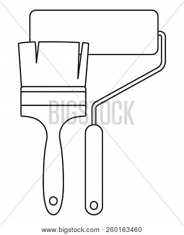 Line Art Black And White Paint Roller And Brush. Supply For Art Drawing And Construction Work Handym