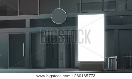 Blank White Pylon Mockup, Stand At Dark Night Street Exterior, 3d Rendering. Empty Ad Display On Bac