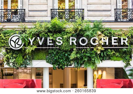 Paris, France - June 16, 2017: The Yves Rocher Sign And Logo On The Store Building On Boulevard Haus