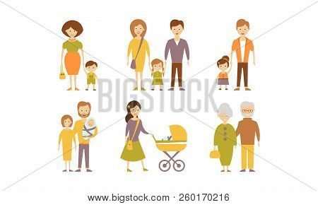 Different Families Set, Mother, Father, Son, Daughter, Grandparents Vector Illustration On A White B