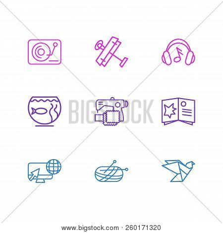 Vector Illustration Of 9 Lifestyle Icons Line Style. Editable Set Of Internet Surfing, Djing, Sewing