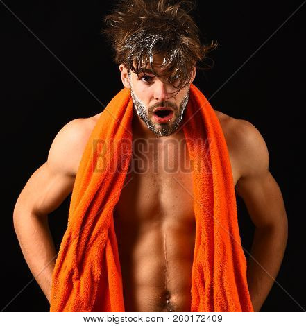 Body Care. Macho Attractive Nude Guy Black Background. Man Bearded Tousled Hair Covered With Foam Or
