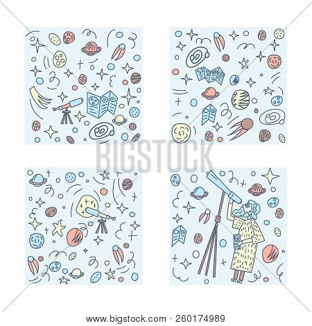 Vector Design Of Astronomer And Astronomic Objects.