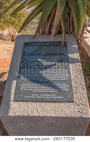 Pretoria, South Africa, July 31, 2018: A Granite Information Plaque At The Commander Piet Joubert Mo