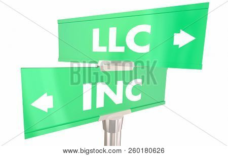 LLC Vs Incorporation Company Business Models 2 Two Way Road Signs 3d Illustration