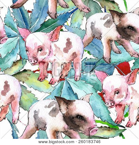 Pink Pig Wild Animal In A Watercolor Style Isolated. Seamless Background Pattern.