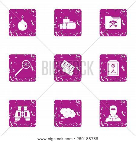 Theft Icons Set. Grunge Set Of 9 Theft Icons For Web Isolated On White Background