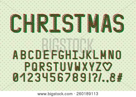 Alphabet Retro Design. Christmas Color Style. English Letters, Numbers, Punctuation Marks. Monospace