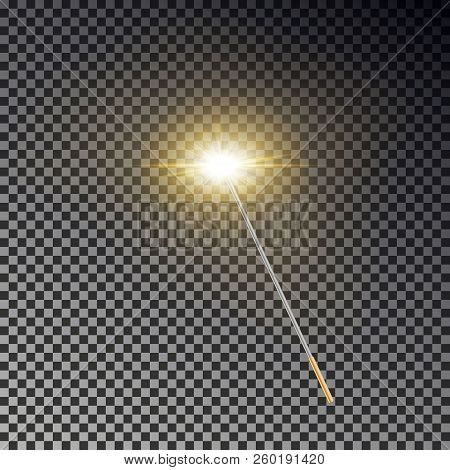 Magic Wand Vector. Transparent Miracle Stick With Glow Yellow Light Tail Isolated On Dark Background