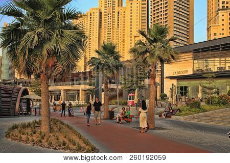 Dubai, Uae - May 08, 2018: Dubai Marina Promenade At Sunset. .dubai Marina Skyscrapers View, Dubai, 