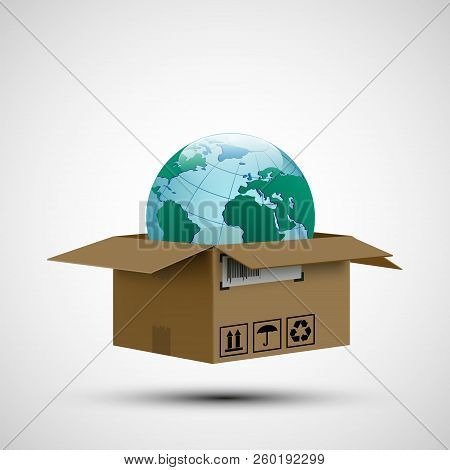 Cargo Delivery. Icon Cardboard Box With Planet Earth Inside. Stock Vector Illustration.
