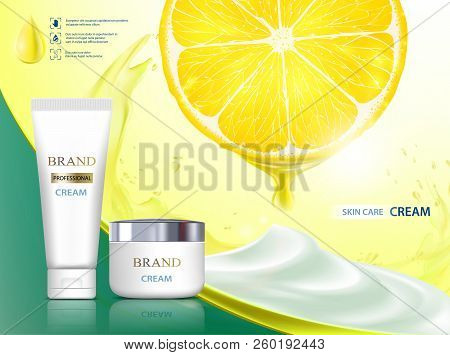 Cosmetic Cream With Citrus Fruit Lemon. Packing Brand With Label Design. Stock Vector Illustration.