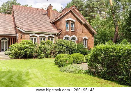 Real Photo Of Garden With Bushes And Beautiful Brick House