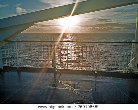 Sun Shine And Panoram Of Baltic Sea With Cruise Lainer. The Ferry Viking Line Is Moored At The Moori