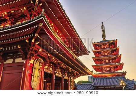 Tokyo Japan, Sunset City Skyline At Asakusa Temple (senso-ji)