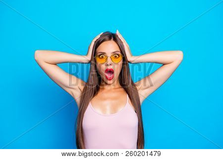 Portrait Of Nice Sweet Attractive Adorable Winsome Straight-haired Girl Wearing Yellow Sunglas, Tank