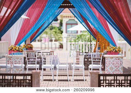 Indian Traditional Ceremony Venue Decoration With Colorful Soft Fabric For Mehndi (henna Tattoo)