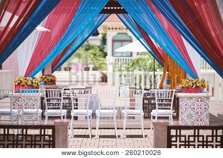 Indian Traditional Ceremony Venue Decoration With Colorful Soft Fabric For Mehndi (henna Tattoo)