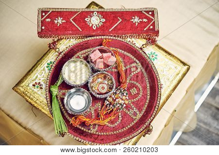 The Red Velvet On Gold Decoration Table Of Prayer Items For Thread Ceremony (puja, Pooja) Of Indian 