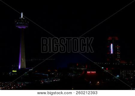 Niagara Falls, Ontario, Canada - May 21st 2018: The Skylon Tower, Casino And Hotels At Niagara Falls
